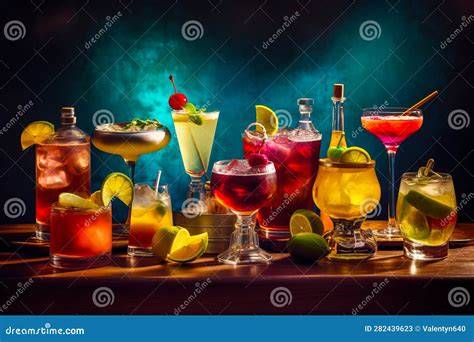 Mesa con diferentes tipos de bebidas refrescantes y frutas