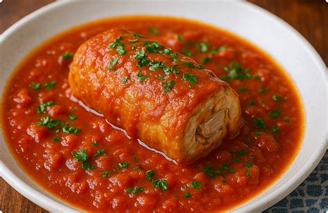 Rollo de bonito con salsa y patatas