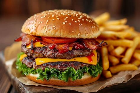 Hamburguesa completa con papas fritas en una mesa de madera