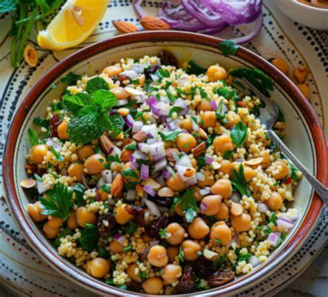 Ensalada marroquí con uvas rojas, garbanzos y cuscús