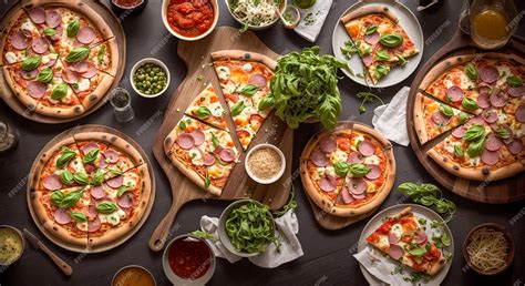 Variedad de pizzas recién hechas