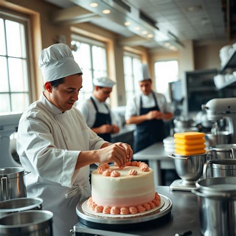 Interior de una cafetería-pastelería artesanal, mostrando a un pastelero trabajando