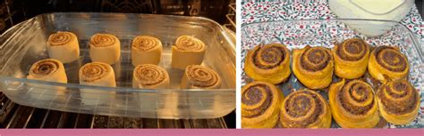 Rollos de canela en una bandeja de horno, antes y después de hornear