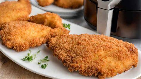 Pechuga de pollo empanada y friéndose