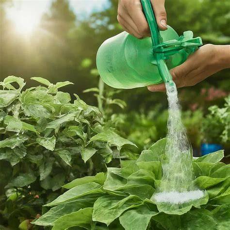 Persona vertiendo fertilizante líquido en una maceta