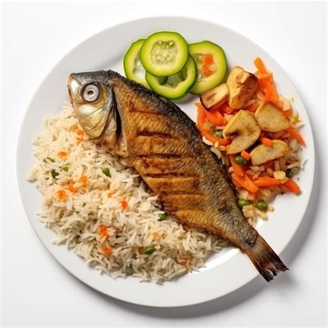 Plato de arroz con pescado frito y verduras