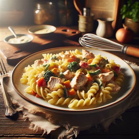 Pasta cremosa con pollo y verduras