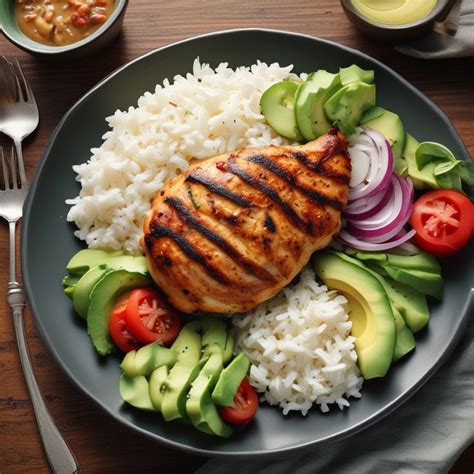 Plato de tortitas de pollo con arroz y aguacate