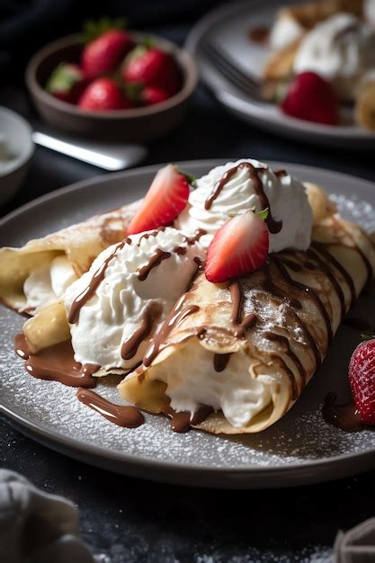 Crepes recién hechas en un plato con frutas y sirope