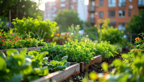 Huerto urbano con verduras de hoja verde