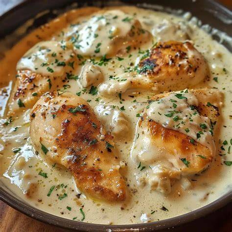 Pechugas de pollo a la crema en un plato con guarnición