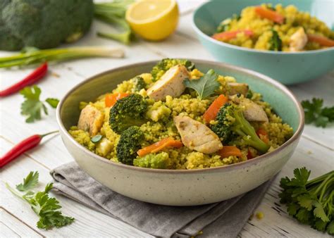 Cuscús de brócoli con pollo desmechado y manzana