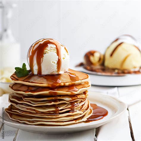 Torre de tortitas servidas con sirope y frutas