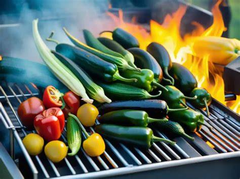 Vegetales y frutas asándose en una parrilla de estufa