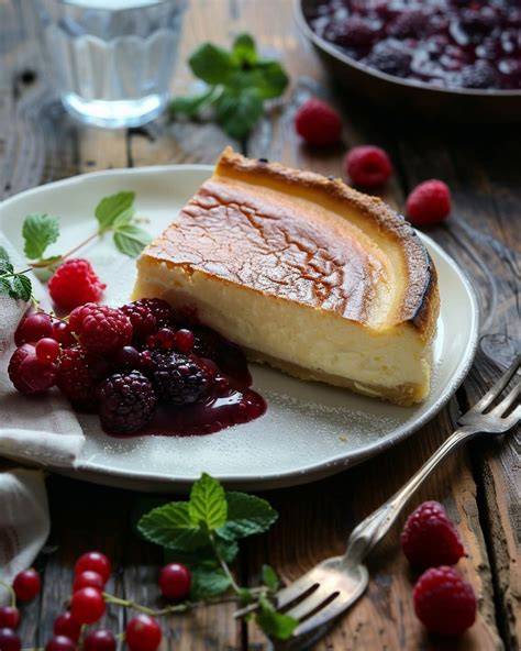 Tarta de queso con frutos rojos y menta