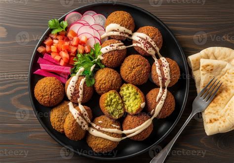 Plato de falafel con salsa tahini y vegetales