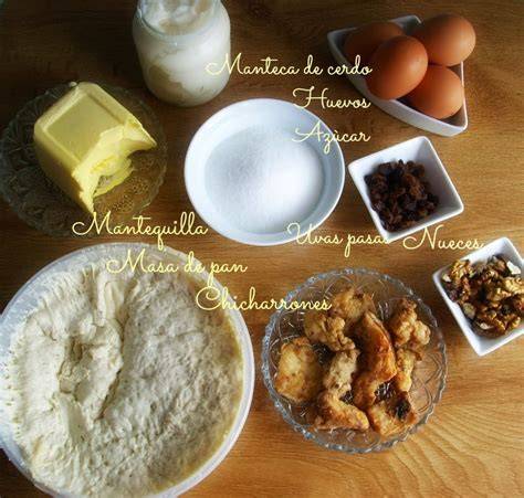 Ilustración de los ingredientes para la torta de chicharrones: chicharrones, harina, azúcar, huevos, limón, piñones