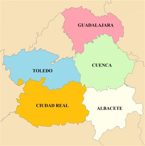 Mapa de Castilla-La Mancha con las provincias de Albacete, Ciudad Real, Cuenca y Toledo resaltadas