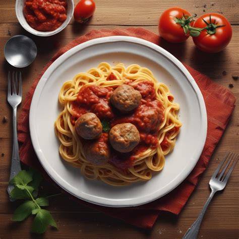 Pasta con salsa de tomate y albóndigas