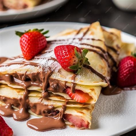 Plato de crepes recién hechos con frutas y chocolate