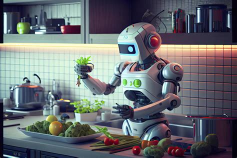 Ilustración de un robot cocinando con ingredientes