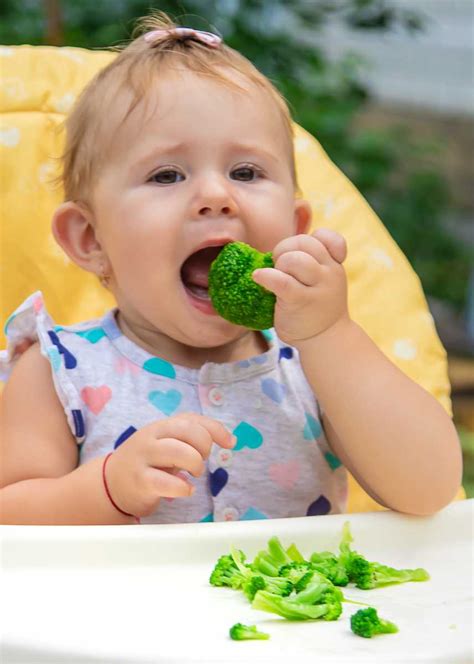 Bebé comiendo alimentos en trozos pequeños con el método BLW