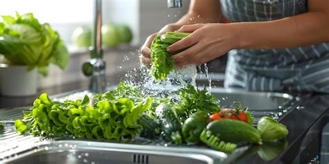 Persona lavando vegetales bajo el grifo