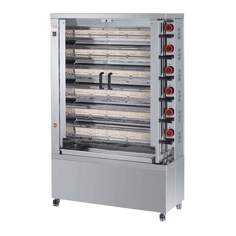Asador de pollos industrial con pollos ensartados