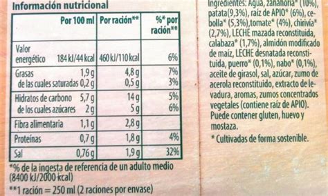 Envase de nata con información nutricional