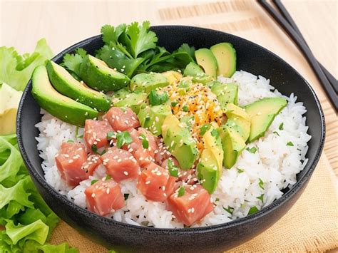 Poke bowl de atún con mayonesa picante, aguacate y arroz