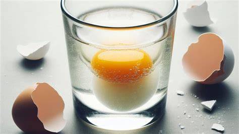 Un vaso con agua y huevo roto, mostrando diferentes formas y burbujas.