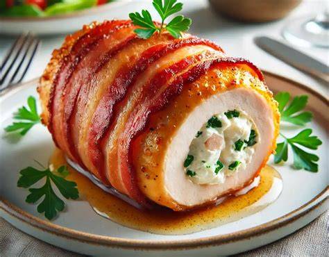 Pechuga de pollo rellena con tocino crujiente