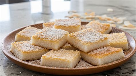 Cuadraditos de coco recién horneados
