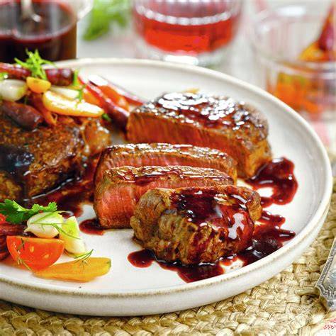 Plato de carne en salsa de vino con guarnición