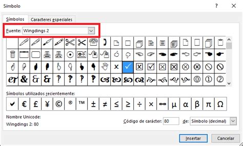 Fuente Wingdings con el símbolo de palomita