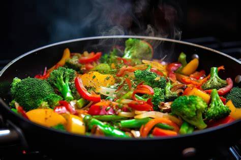 Verduras pochándose en una sartén