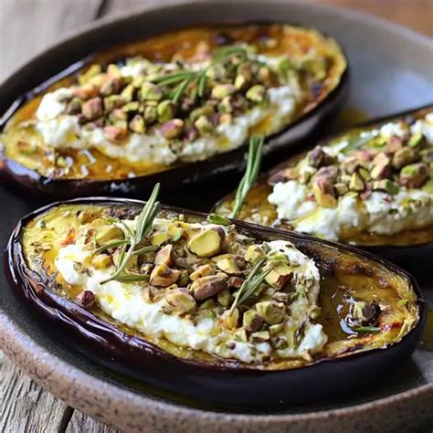 Berenjenas asadas con queso de cabra derretido y albahaca