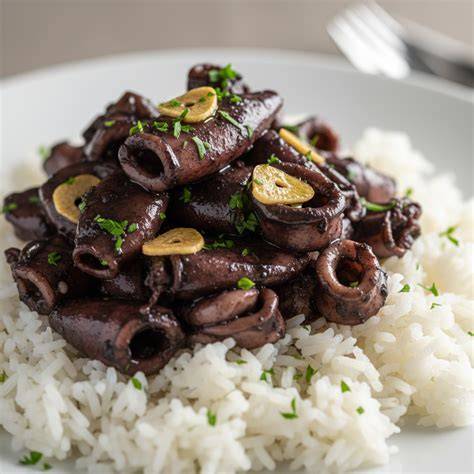 Anillas de pota en su tinta con arroz blanco