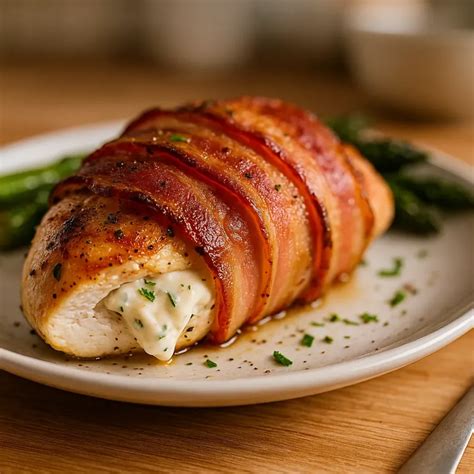 Pechuga de pollo rellena y envuelta en bacon