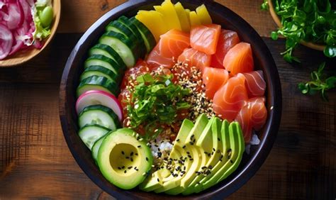 Poke bowl colorido con salmón, aguacate y verduras