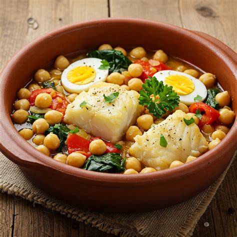 Potaje de bacalao con albóndigas servido en un plato hondo