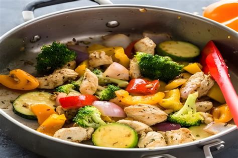 Pollo y verduras salteadas en una sartén