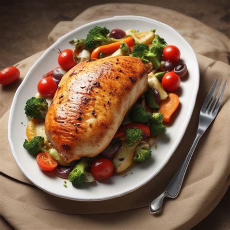 Pechuga de pollo al horno con verduras frescas en una fuente de cerámica