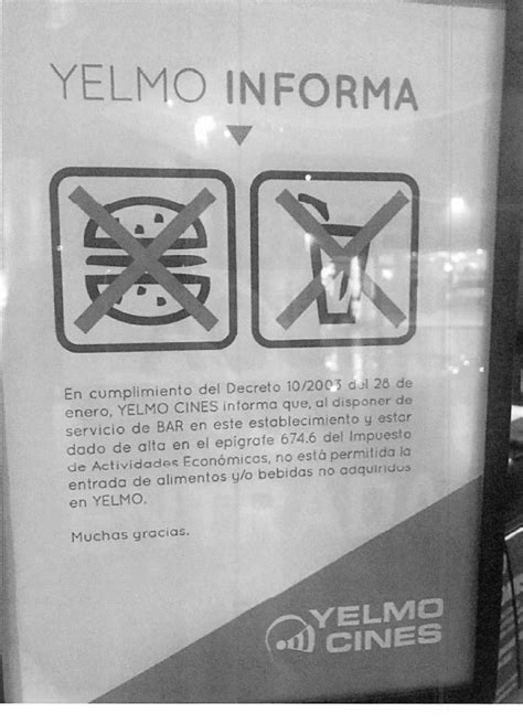 Cartel de Cines Yelmo prohibiendo la entrada de alimentos y bebidas del exterior