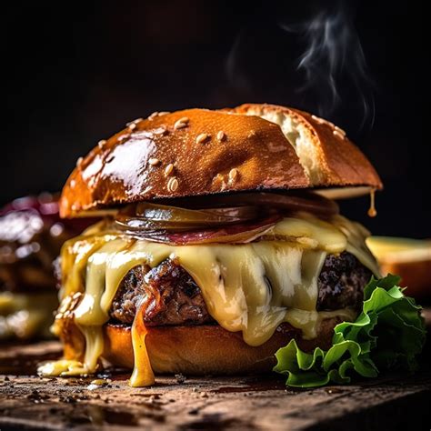 hamburguesa gourmet montada con queso fundido y vegetales