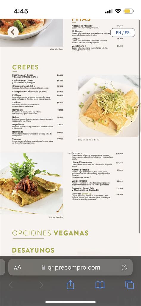 Variedad de crepes y pizzas en un menú