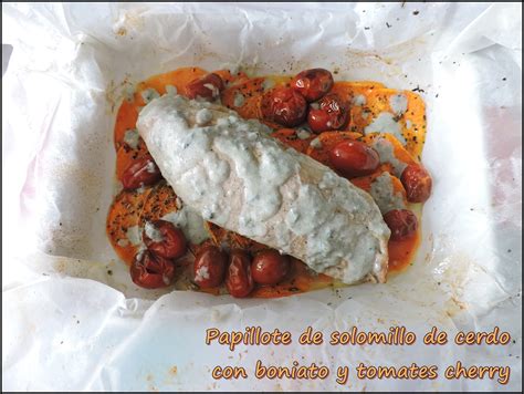 Solomillo de cerdo en papillote con boniato y tomates cherry