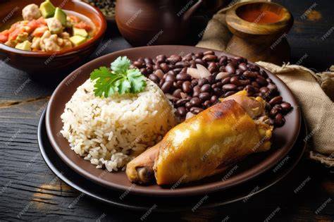 Plato colombiano con chicharrón, frijoles, arroz y arepa