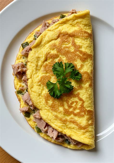 Tortilla francesa con atún decorada con perejil fresco