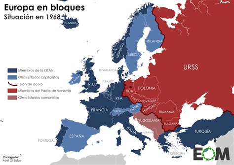 Mapa de Europa mostrando la división entre bloques durante la Guerra Fría